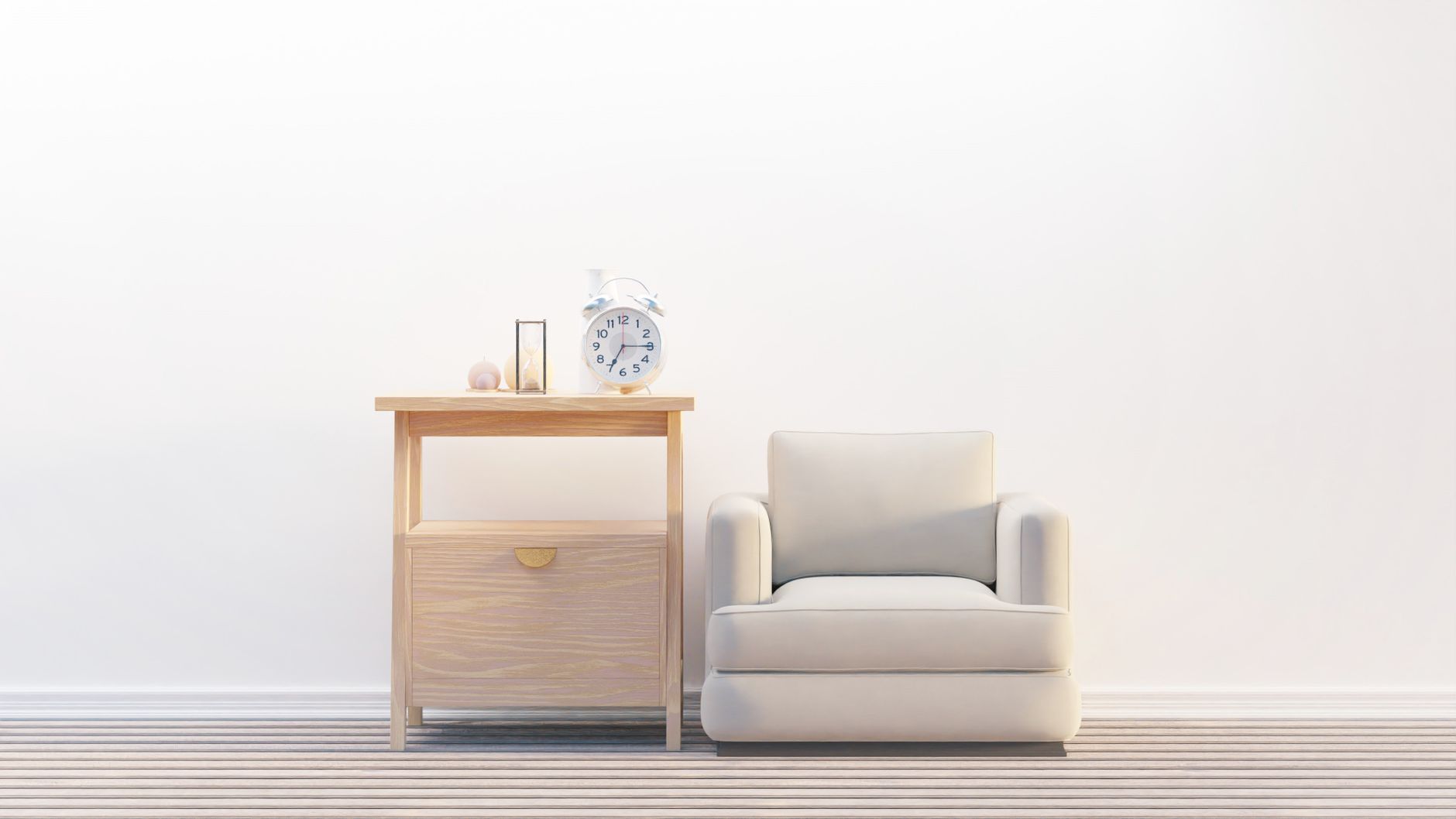 a photo of a sofa chair with side table